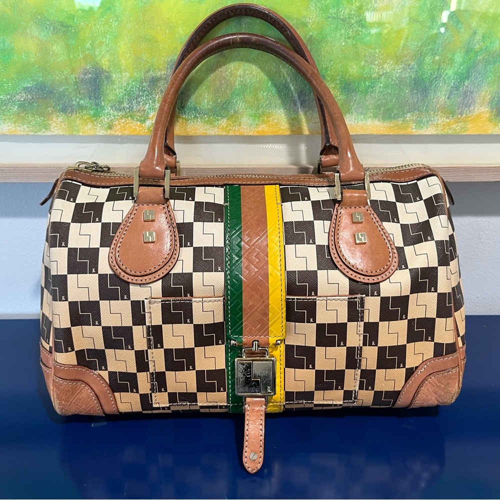 L.A.M.B. Brown Tan Cream Satchel with Green and Yellow Stripe